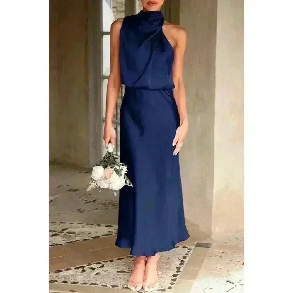 NWT PRETTYGARDEN Navy Satin Elegant Sleeveless Mock Neck Dress, Size M - Picture 2 of 16